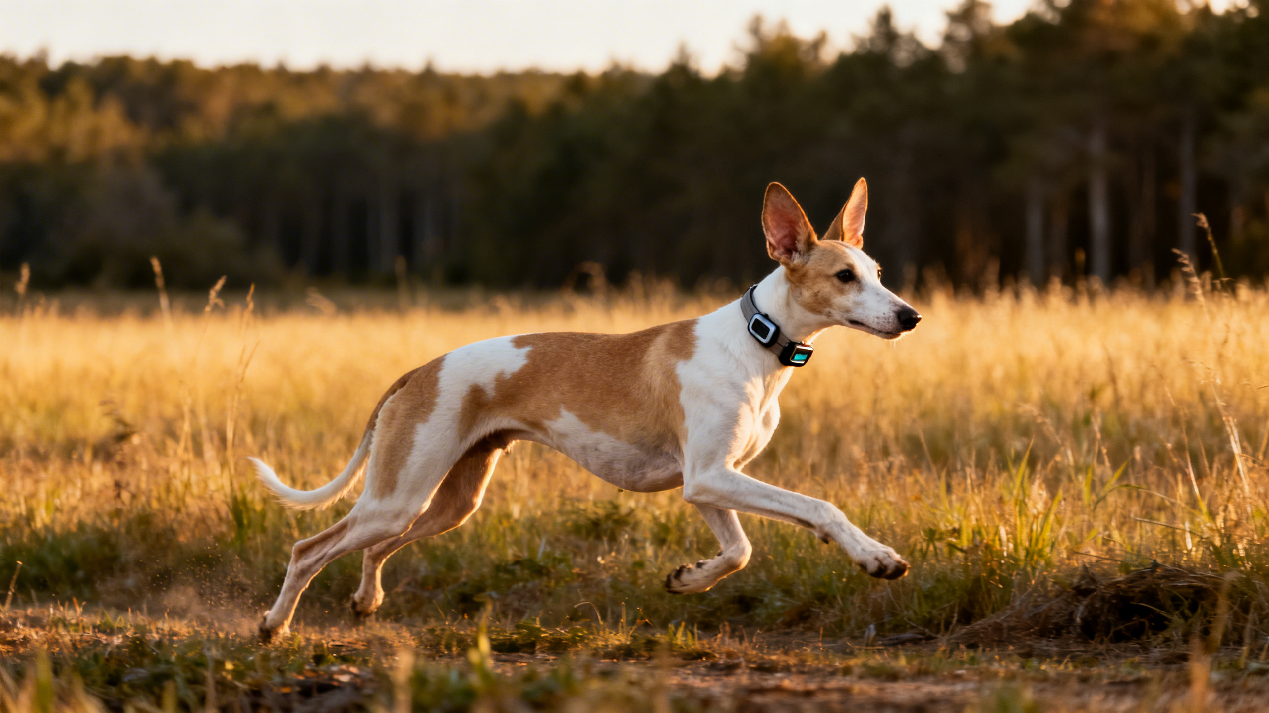 Hund mit GPS-Tracker rennt auf einer Wiese