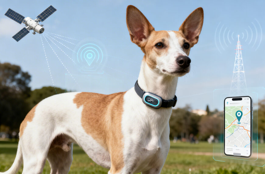 Hund mit GPS-Tracker und Satelit