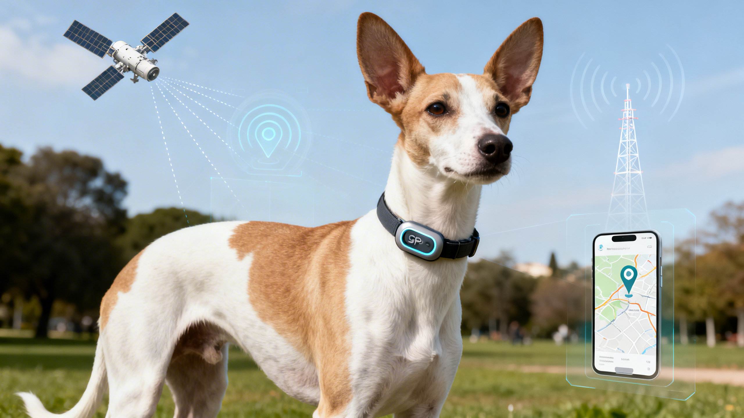 Hund mit GPS-Tracker und Satelit