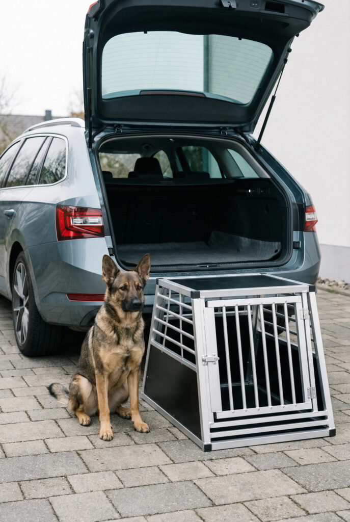 Hund mit Hundebox vor Auto Hund mit Hundebox vor Auto