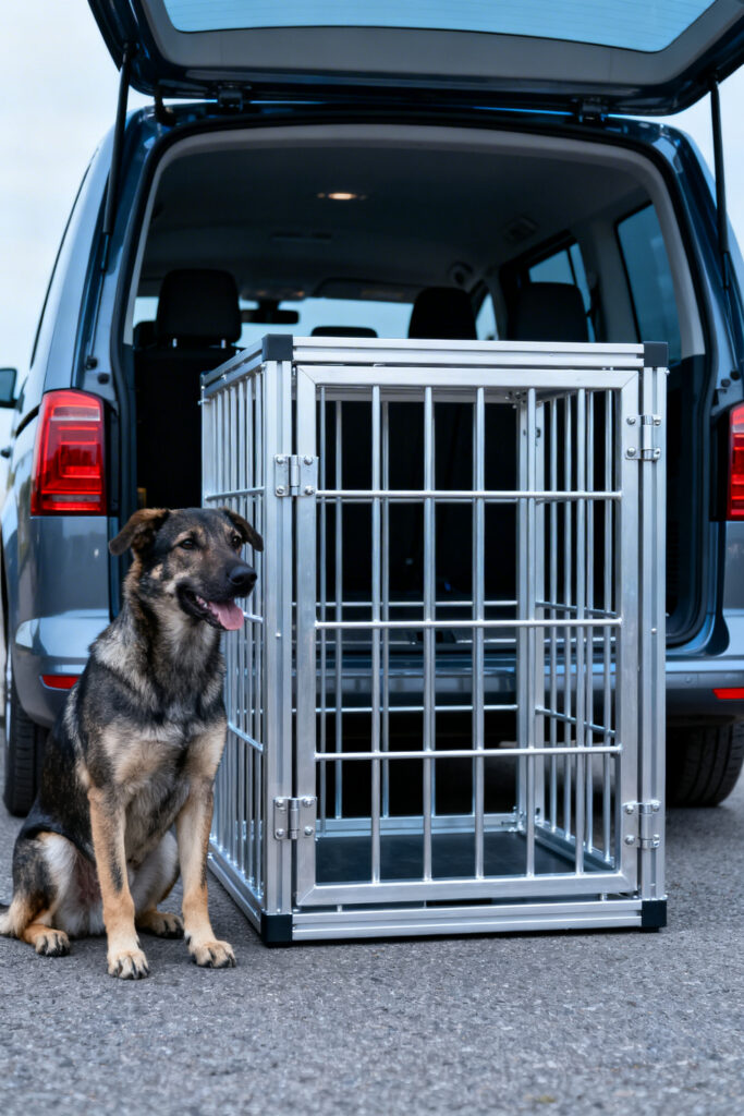 Hund mit Hundebox vor einem Transporter Hund mit Hundebox vor einem Transporter