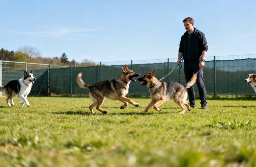 Hunde spielen auf einer Hundewiese