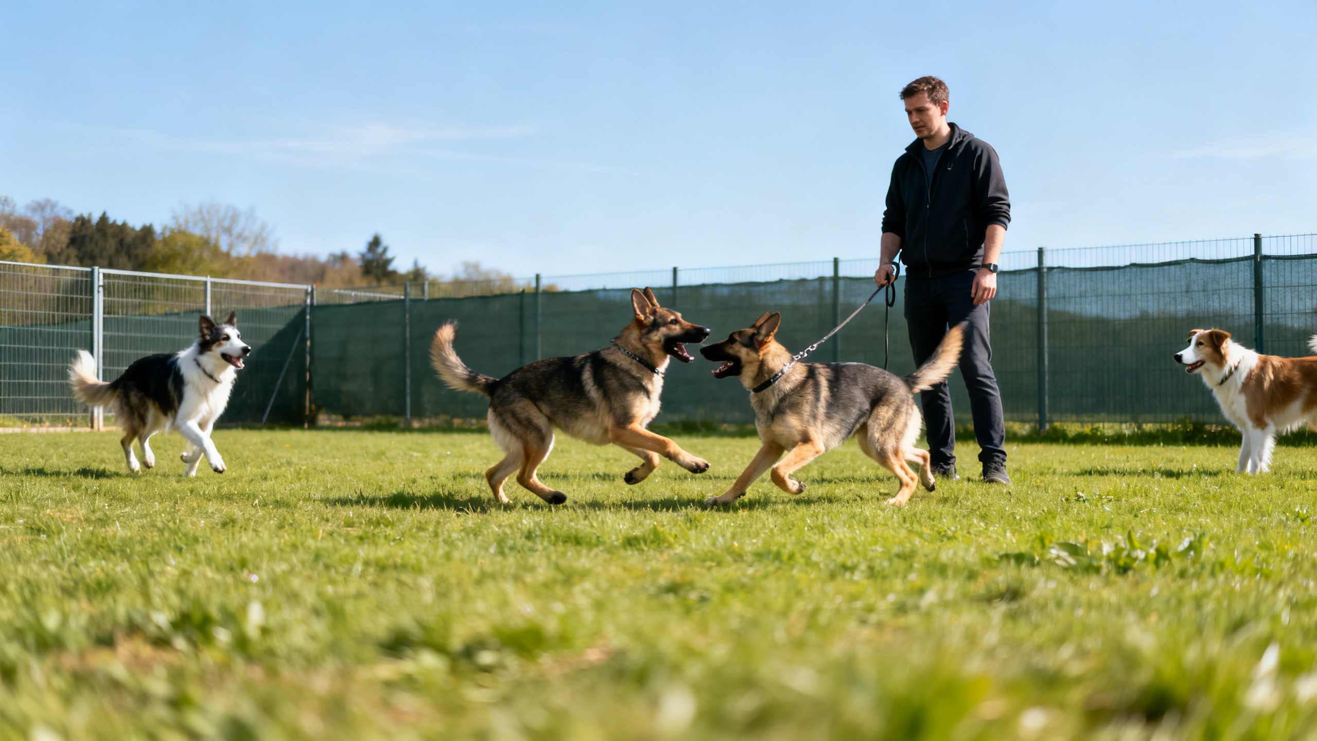 Hunde spielen auf einer Hundewiese