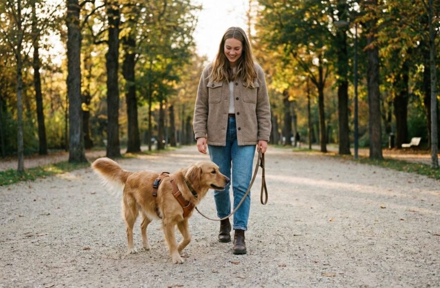 Junge Frau mit Hund beim Spaziergang