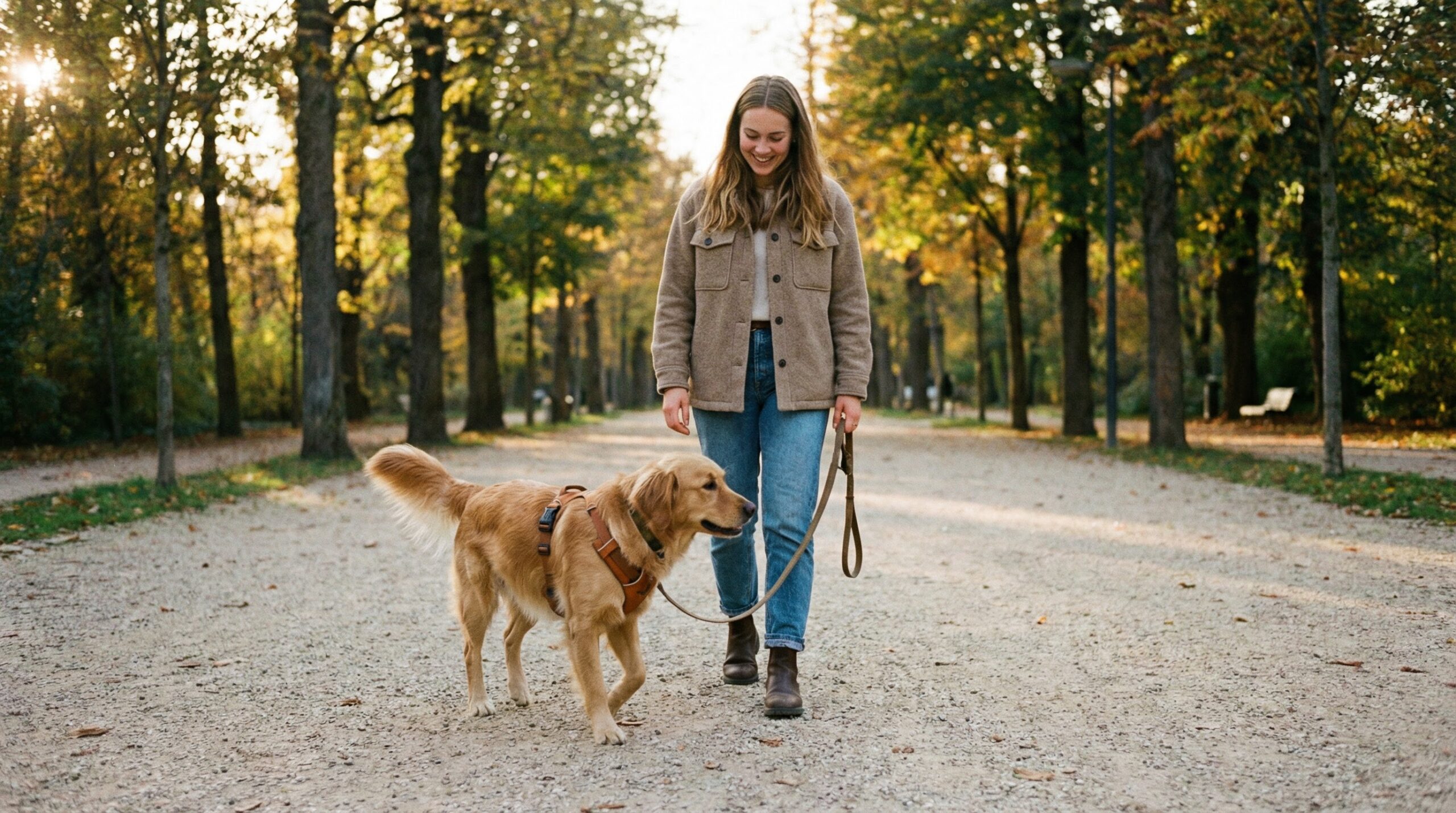 Junge Frau mit Hund beim Spaziergang