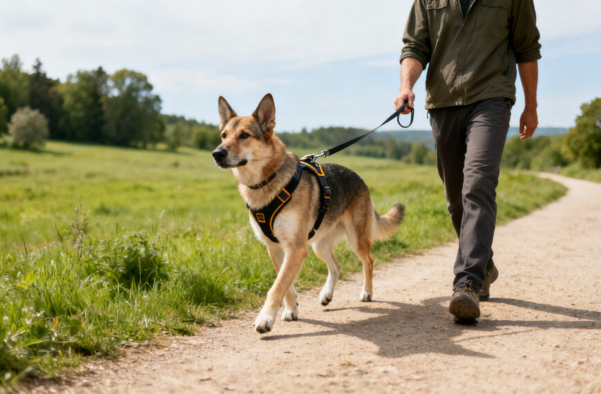 Man und Hund mit Hundegeschirr
