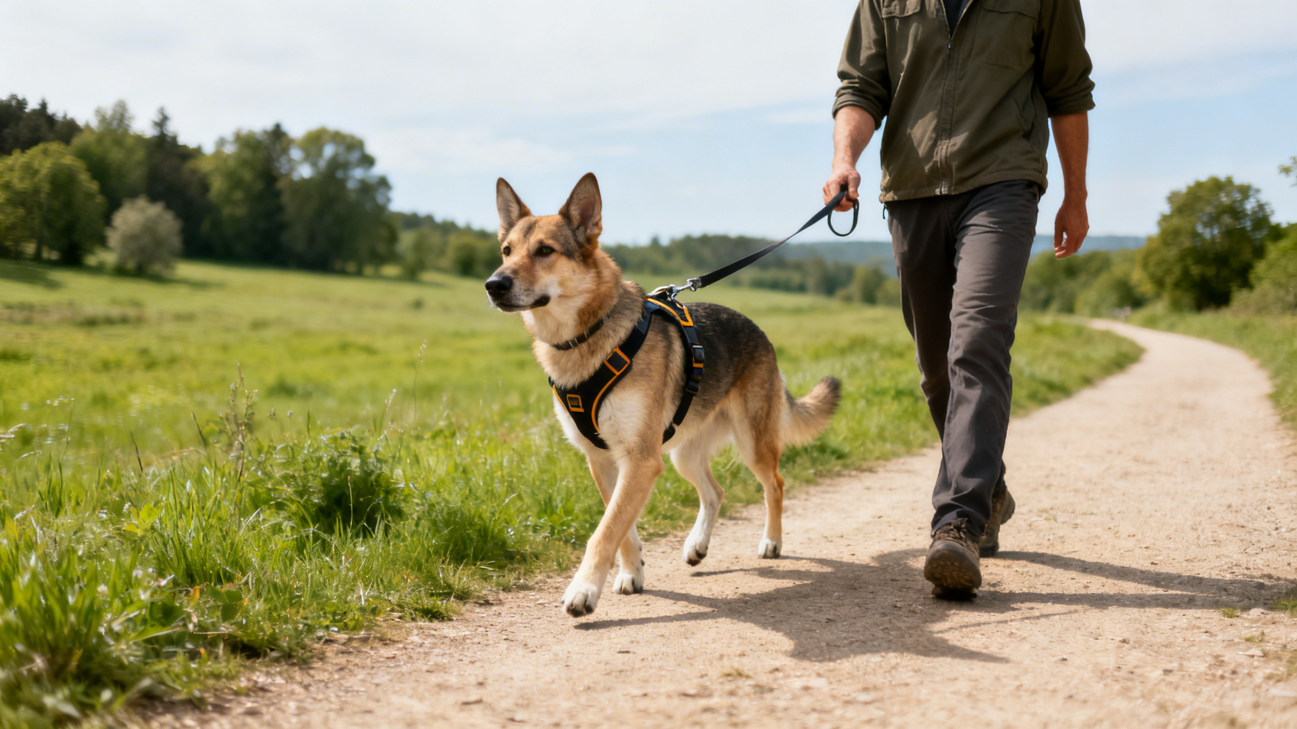 Man und Hund mit Hundegeschirr