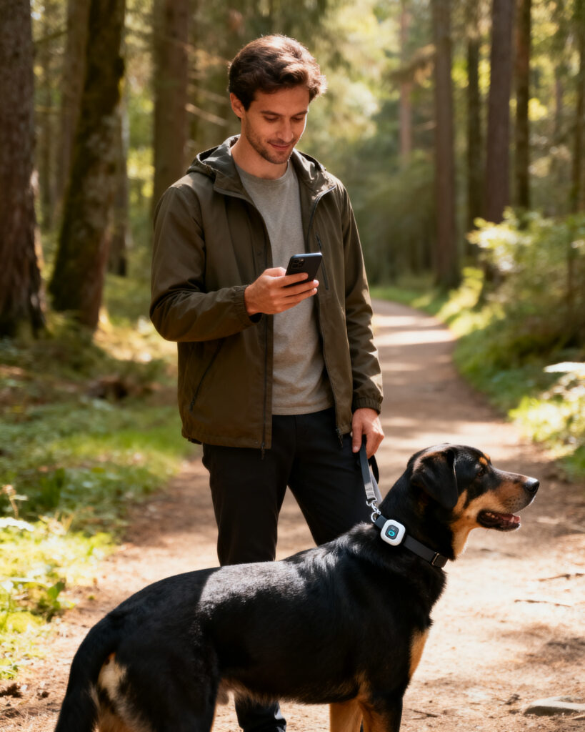 Mann im Wald mit einem Hund Mann im Wald mit einem Hund