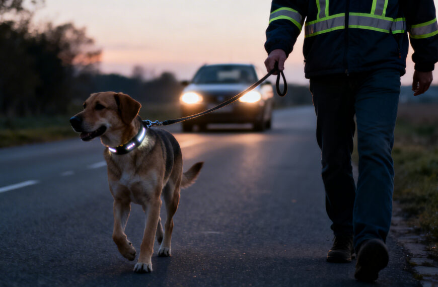 Mann mit Hund auf einer Straße bei Abenddämmerung
