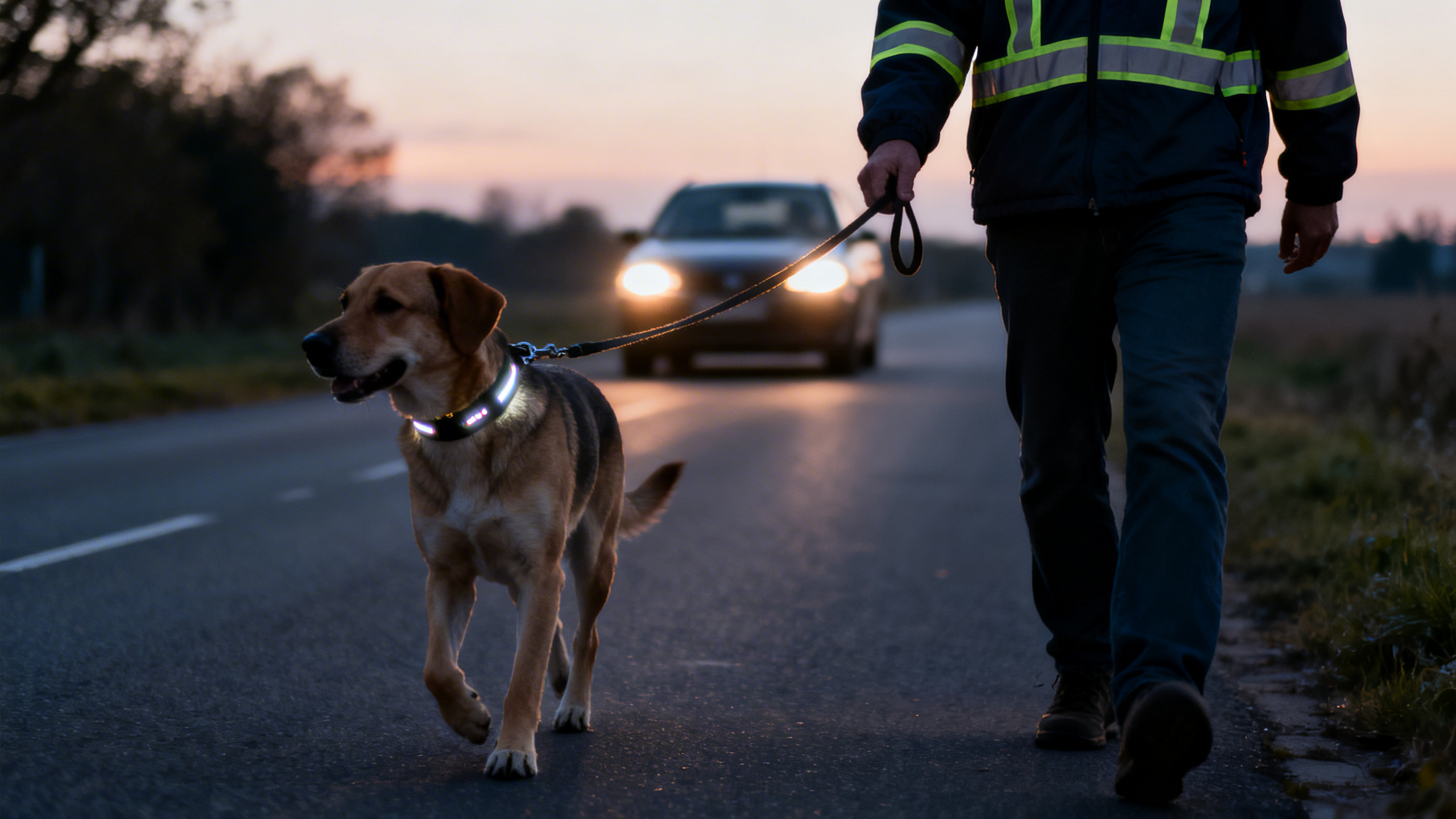Mann mit Hund auf einer Straße bei Abenddämmerung