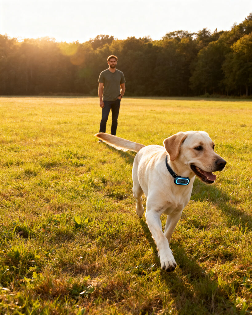 Mann mit Hund auf einer Wiese