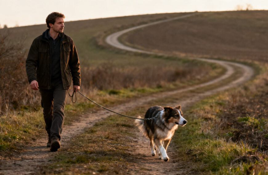 Mann mit Hund bei einem Spaziergang