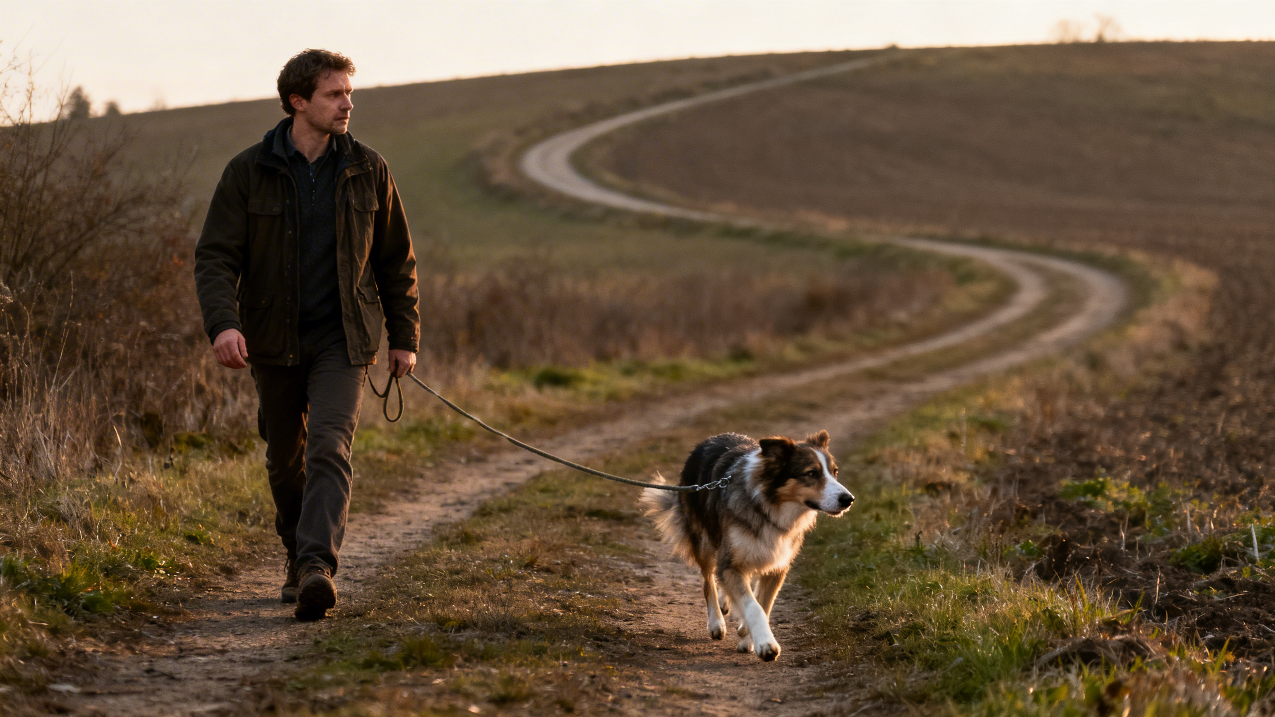 Mann mit Hund bei einem Spaziergang