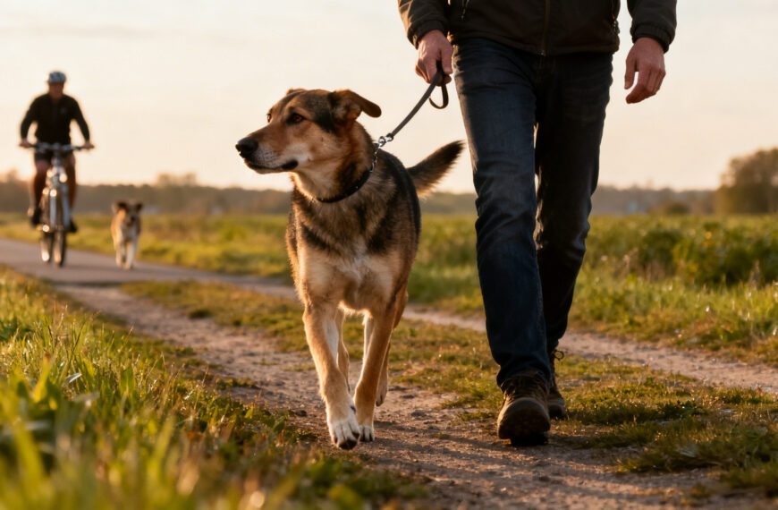 Mann mit Hund beim Spazierang