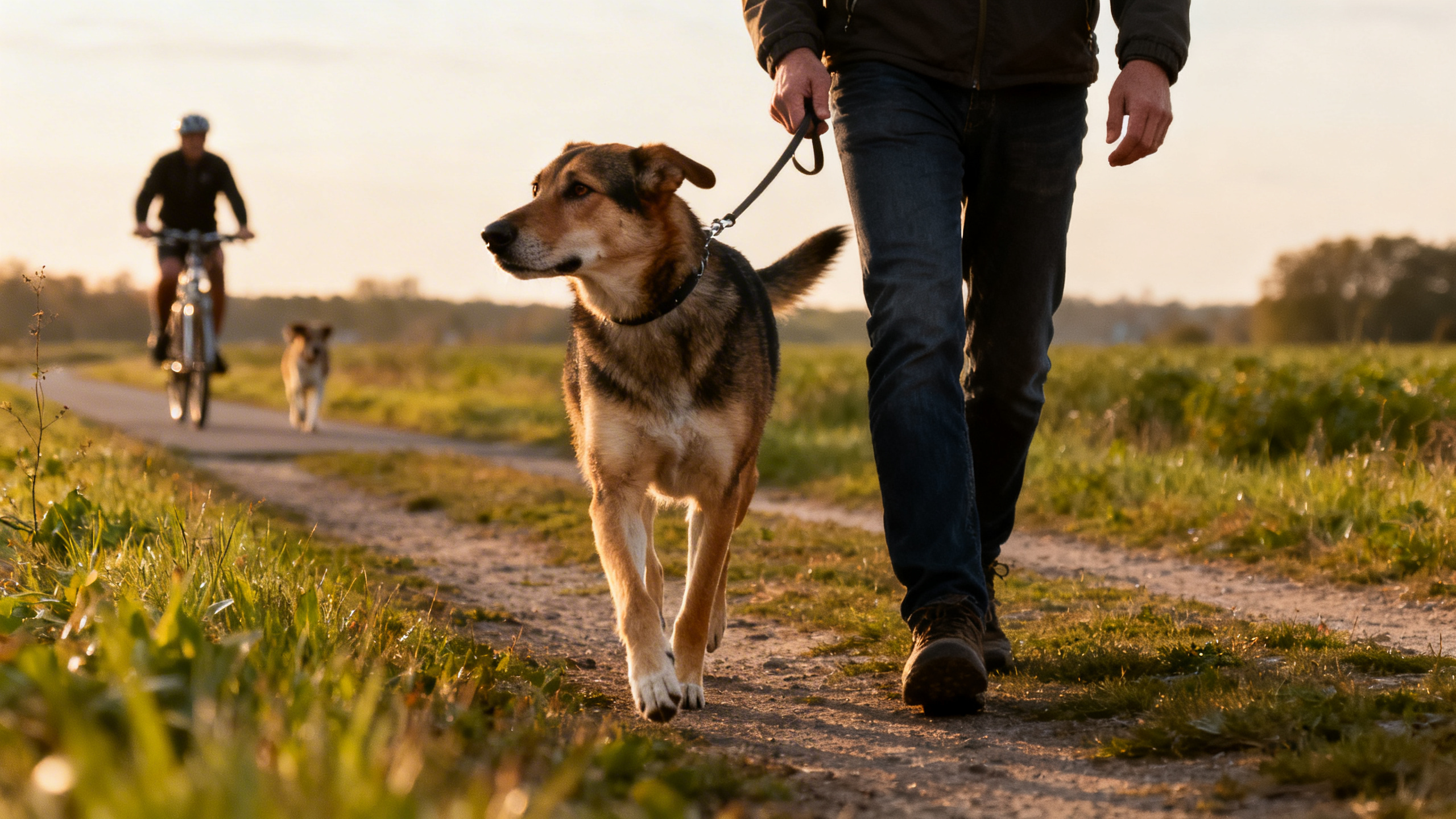 Mann mit Hund beim Spazierang