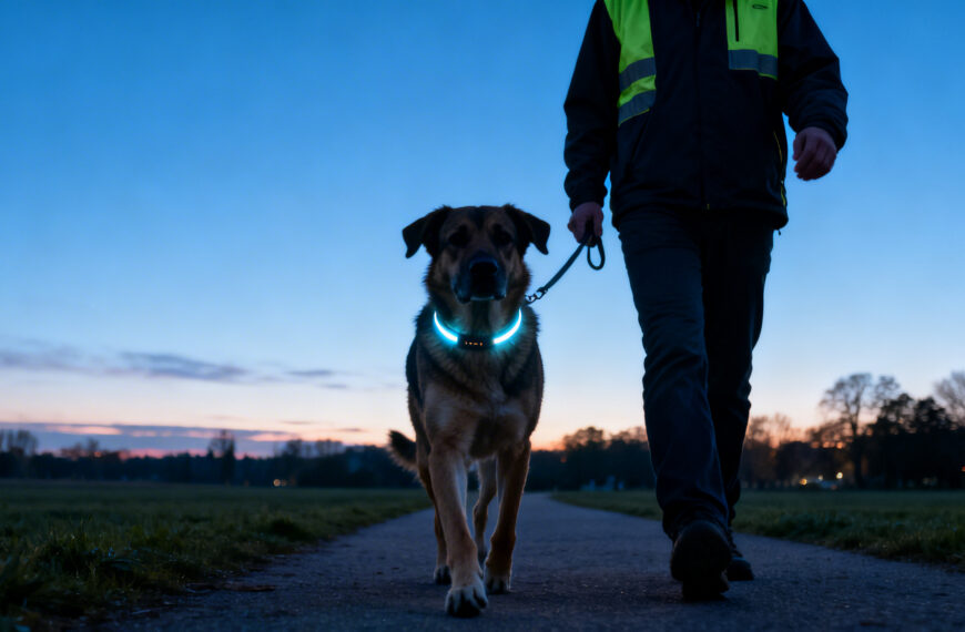 Mann mit Hund in der Abenddämmerung