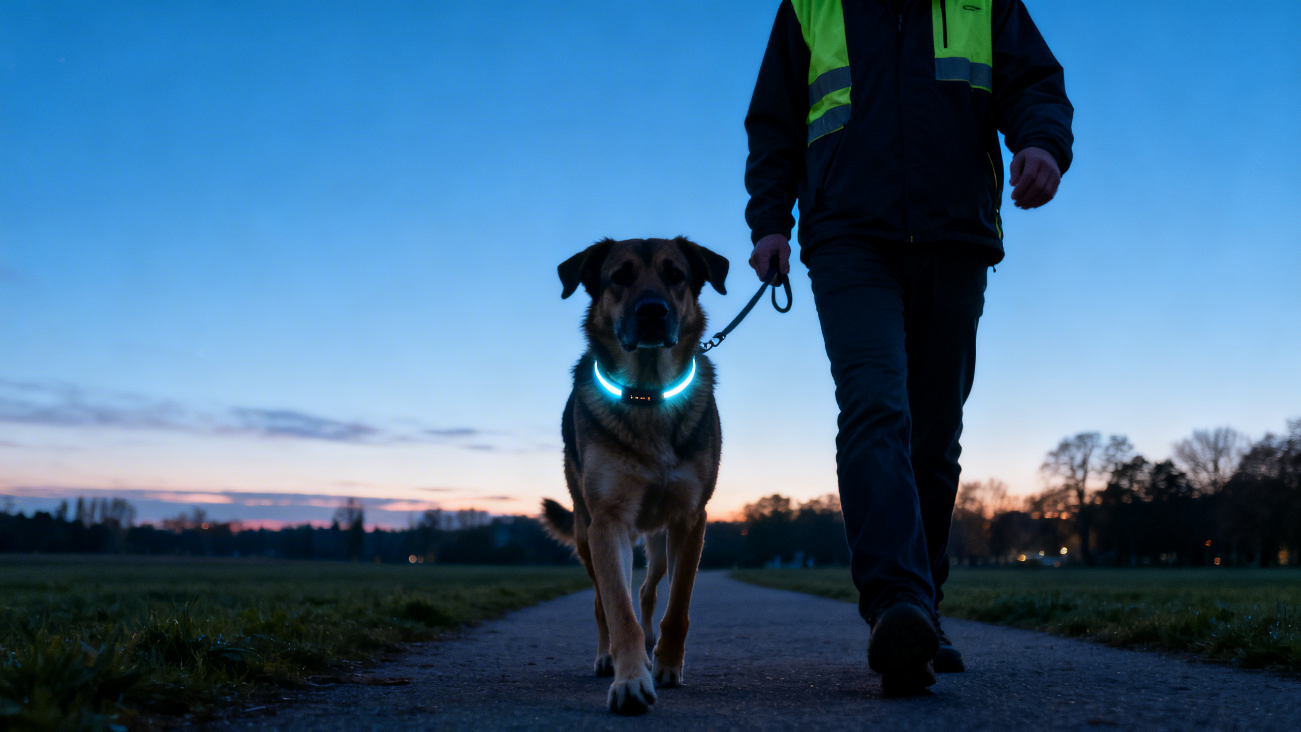 Mann mit Hund in der Abenddämmerung