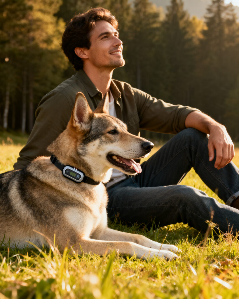 Mann mit Hund sitzend