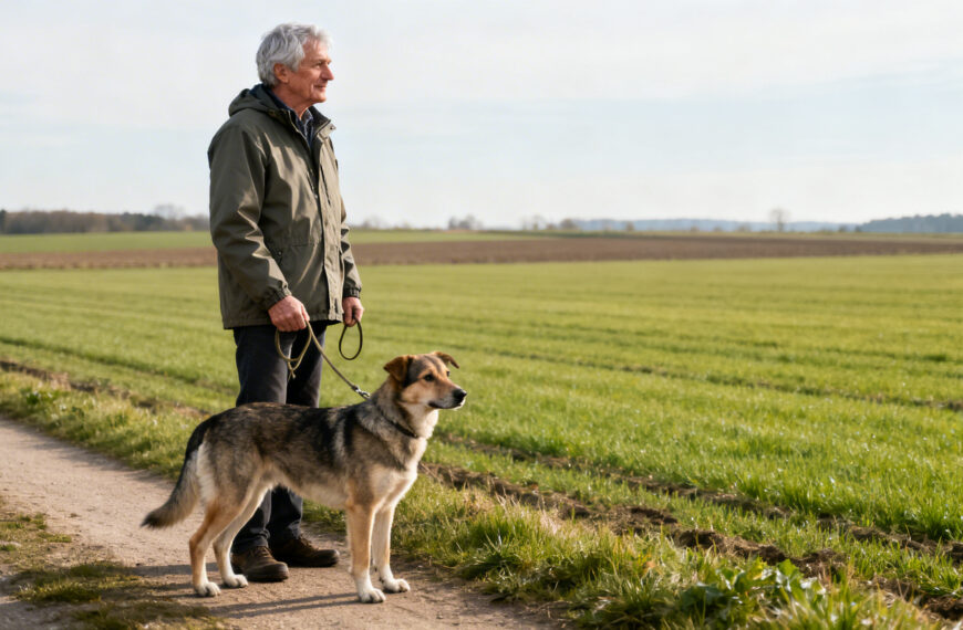 Mann mit einem Hund an der Leine auf einem Feldweg