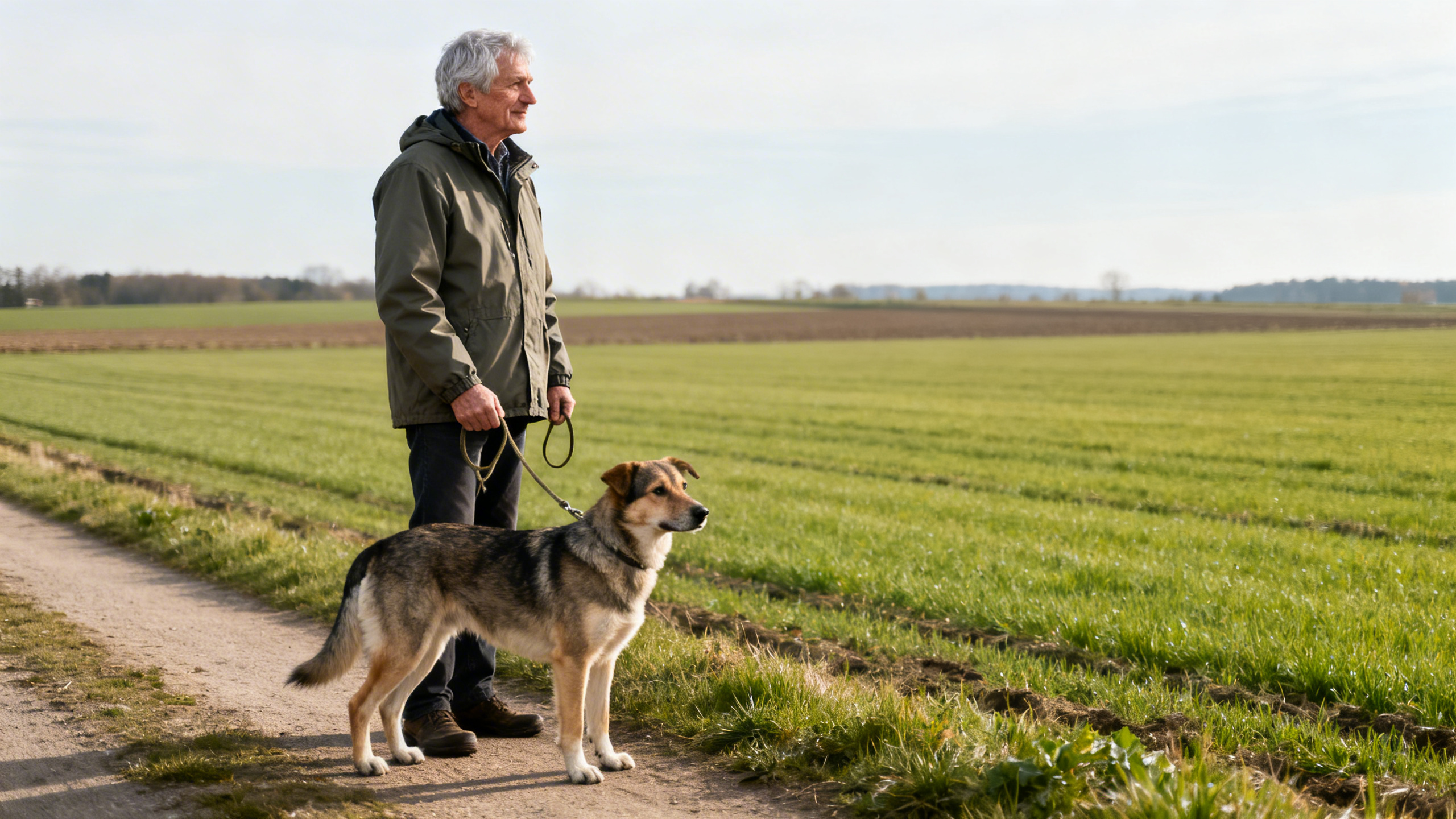 Mann mit einem Hund an der Leine auf einem Feldweg