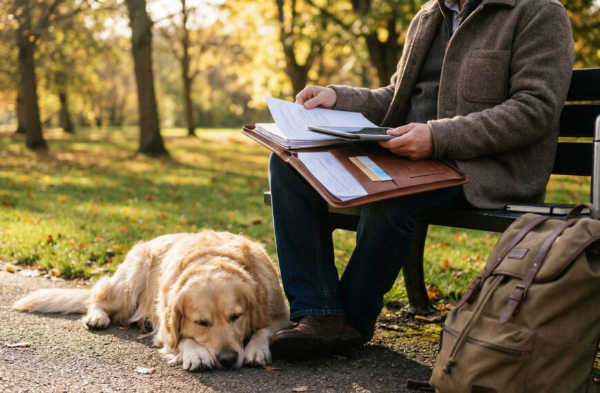 Mann sitzt auf Parkbank und Hund schläft auf dem Boden