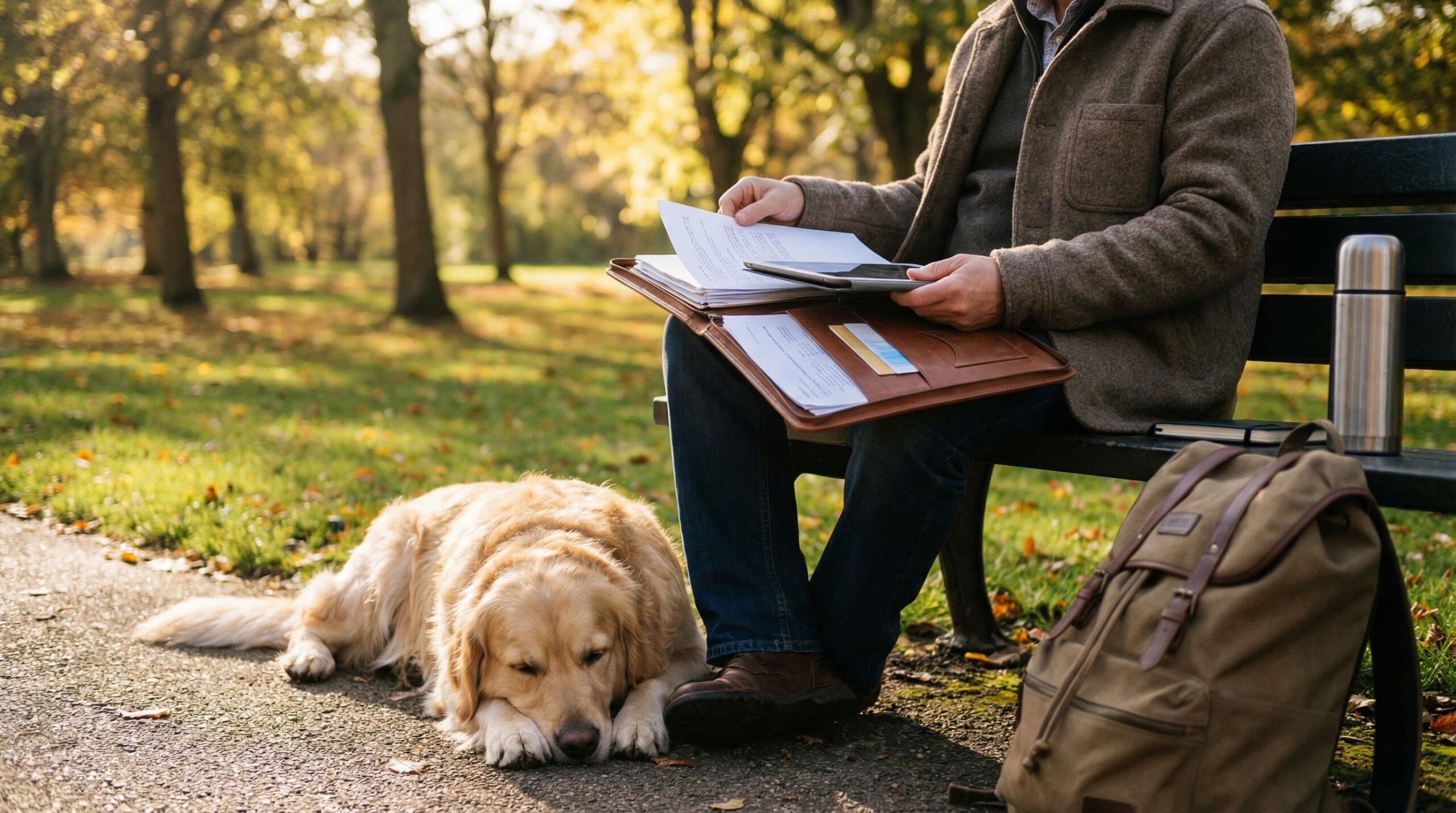 Mann sitzt auf Parkbank und Hund schläft auf dem Boden