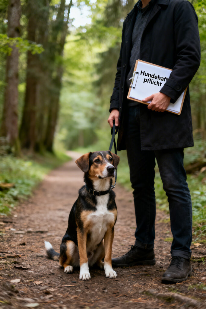 Mann stehend mit Hund im Wald