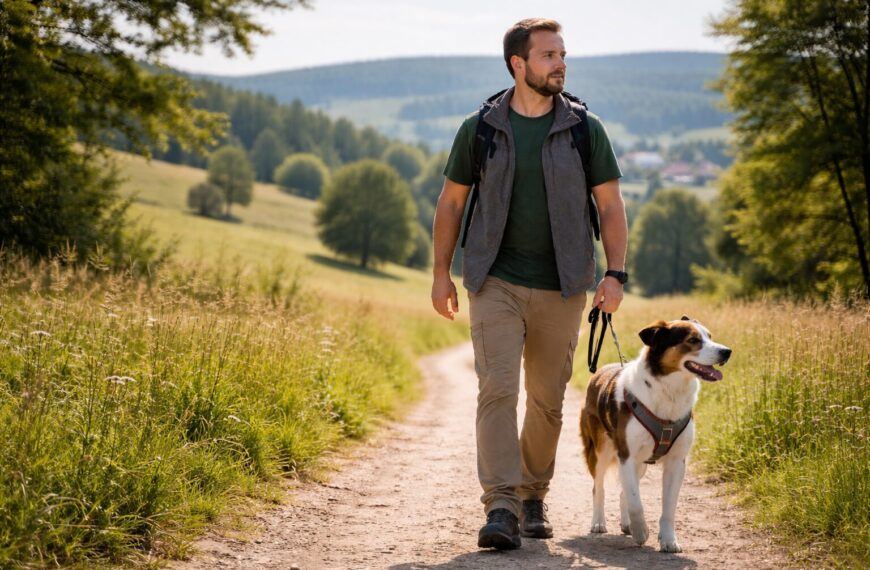 Mann und Hund auf Wanderweg