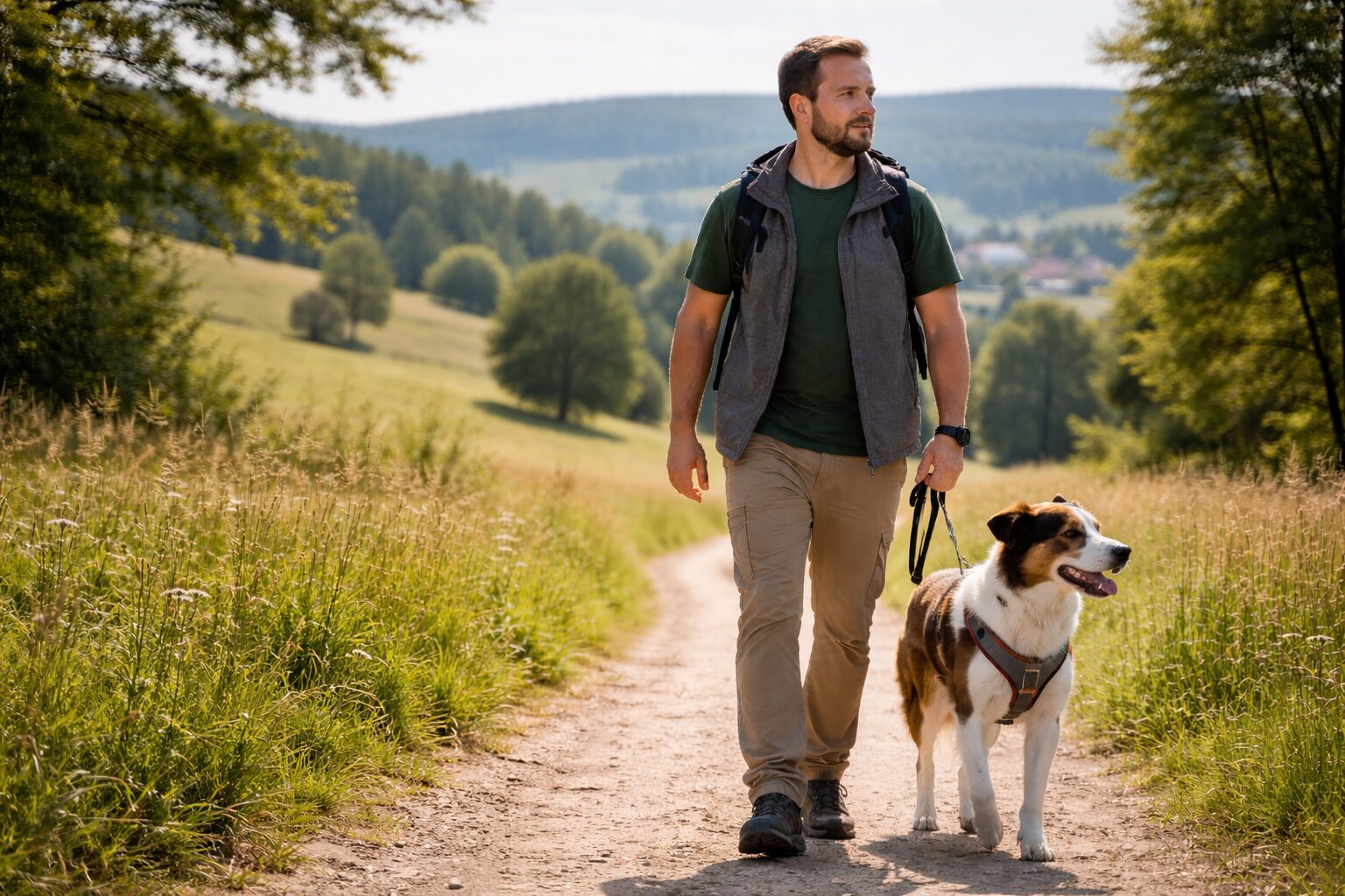 Mann und Hund auf Wanderweg