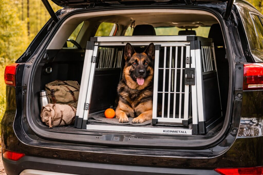 Schäferhund in Hundebox im Auto