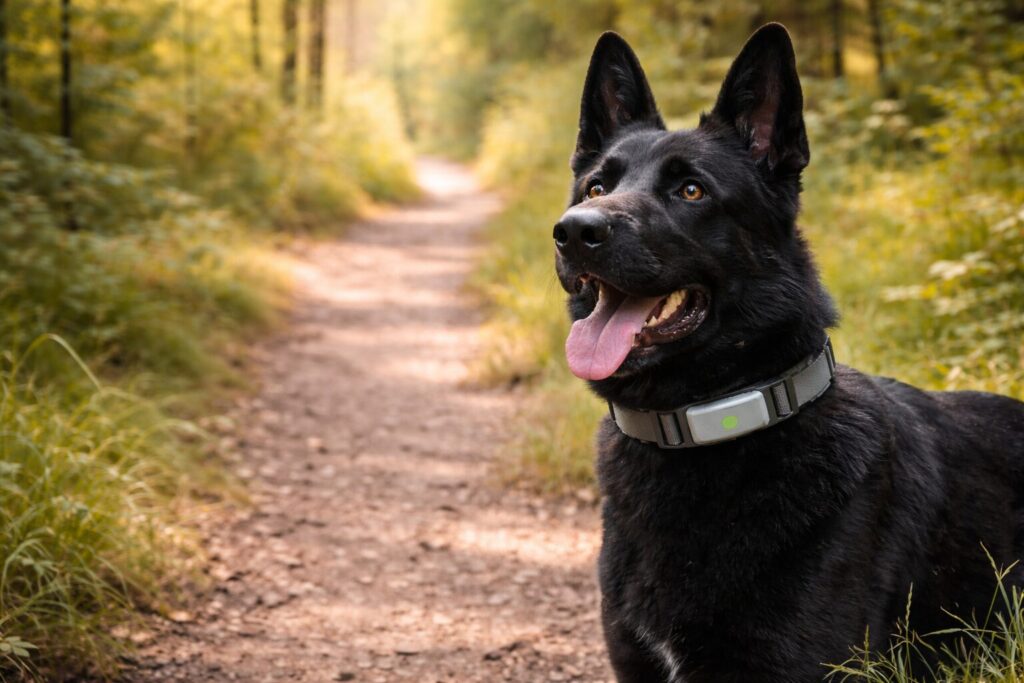 Schwarzer Hund im Wald