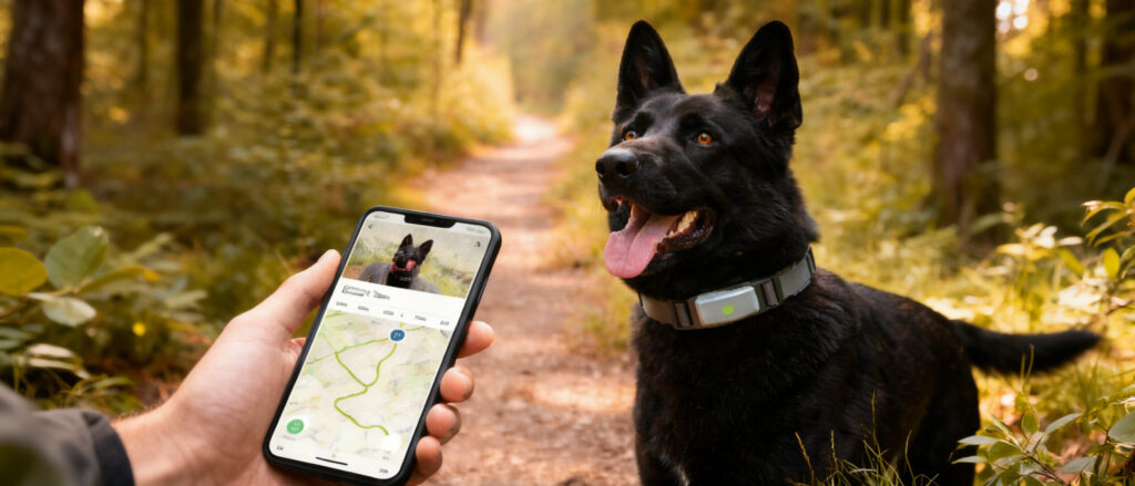 Schwarzer Hund mit GPS-Tracker i