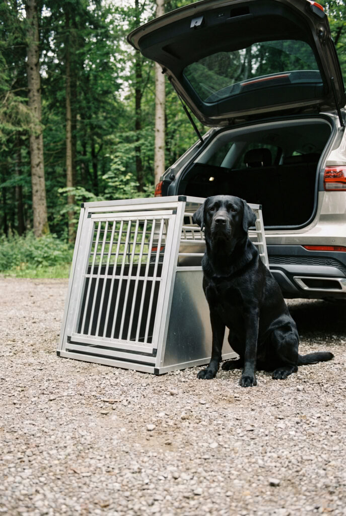 Schwarzer Hund mit Hundebox vor Autop Schwarzer Hund mit Hundebox vor Autop