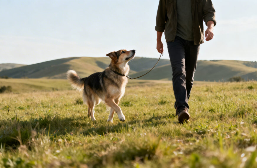 Hund und Herrchen auf der Wiese beim Spaziergang