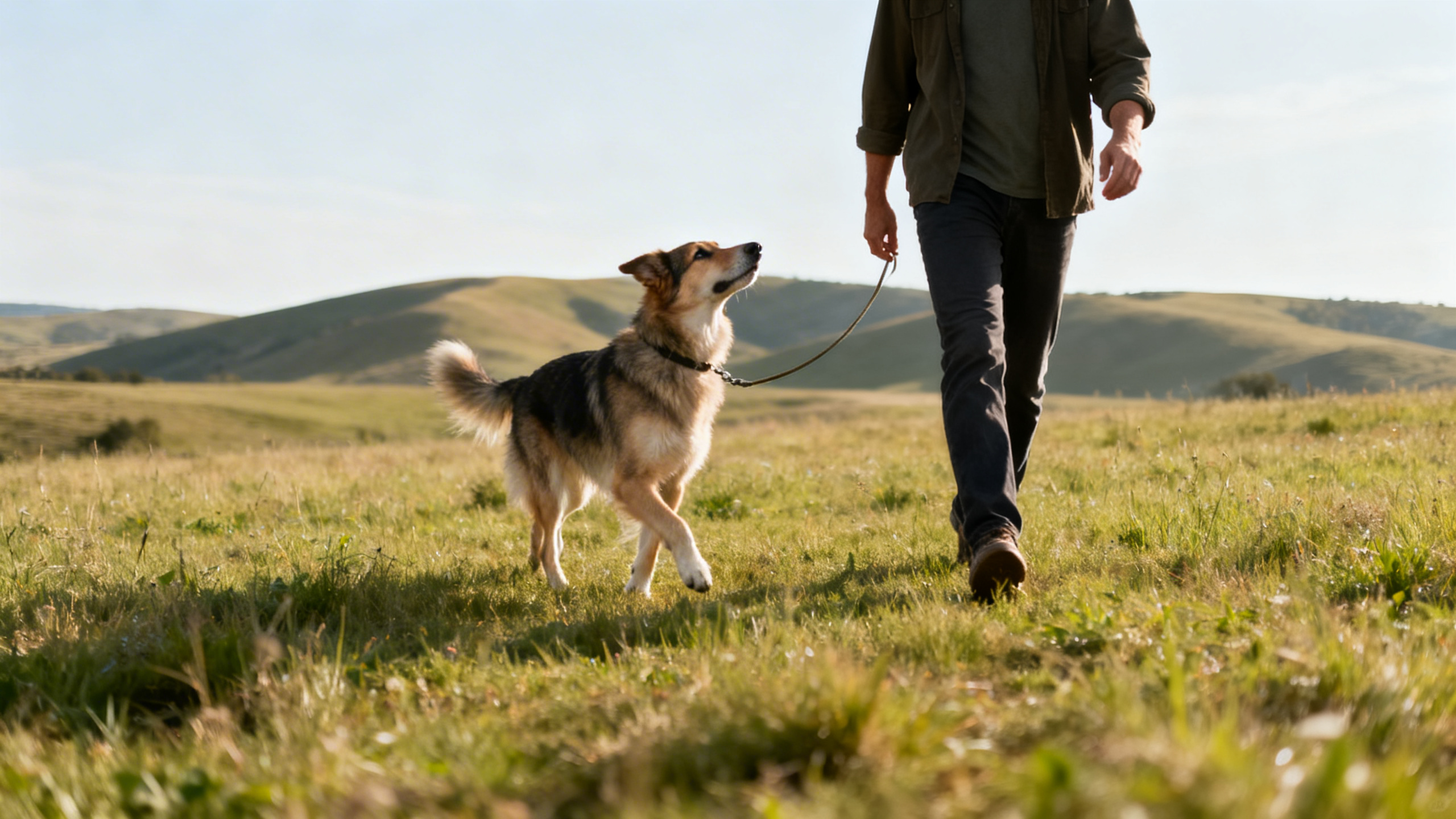 Hund und Herrchen auf der Wiese beim Spaziergang
